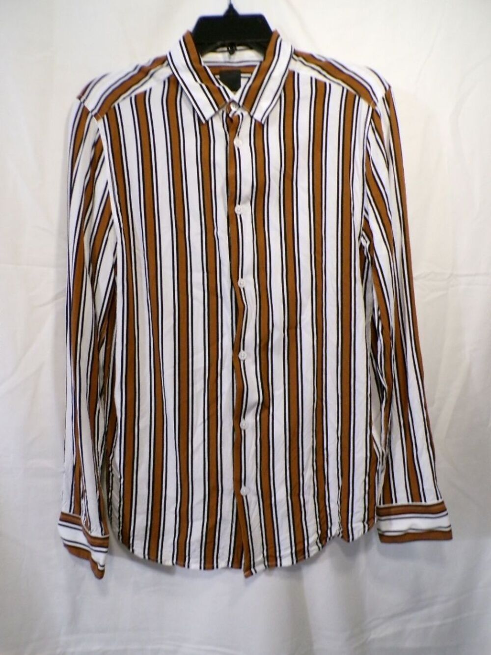 H&M Men's Slim Fit S Striped Brown White Long Sleeve Button-Up Shirt